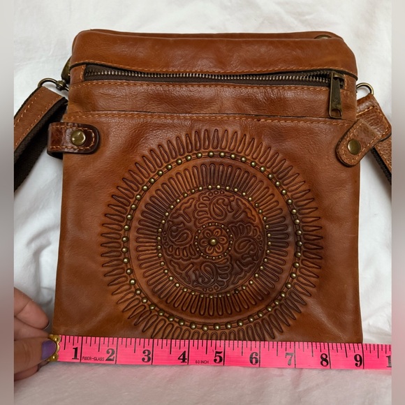 Patricia Nash Stamped Brown Leather Crossbody Purse - Picture 10 of 12